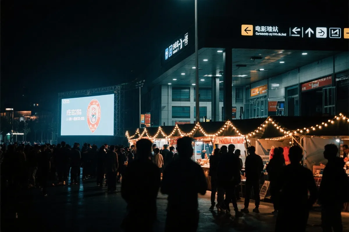 费城球迷广场夜景：大屏观赛人群、步行指示牌与公共交通入口